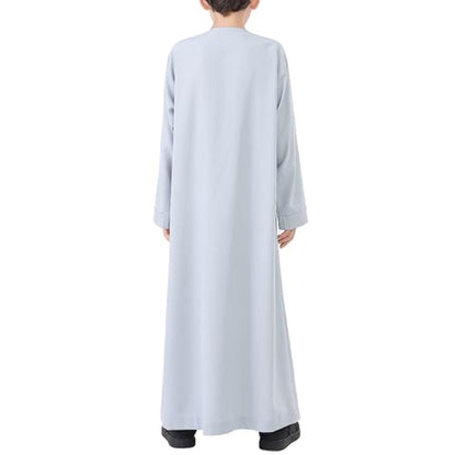 Kids Arabic Thobes for Boys Muslim Thobe Long Sleeve Kaftan Islamic Prayer Dress Kids Dubai Robe Burkas Ramadan Eid Outfit - color: Grey, size: 3-4T