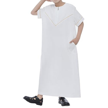 Boys Short Sleeve Muslim Thobes Islamic Kids Half Zipper Eid Traditional Prayer Kaftan Thobes Toddler Abaya Clothes - color: White, size: 13-14 Years