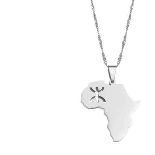 Africa Map with Berber Amazigh Symbol Pendant Necklace Stainless Steel African Berber Jewelry for Men Women - color: Silver Color, size: 60cm Thin Chain