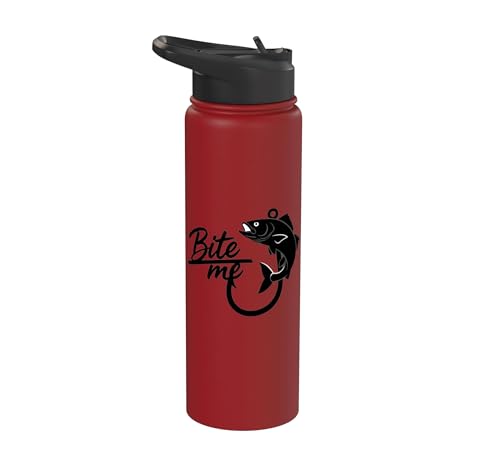 Bite Me Fishing Hook Funny Angler Fish Graphic Stainless Steel Insulated Water Bottle - color: Red