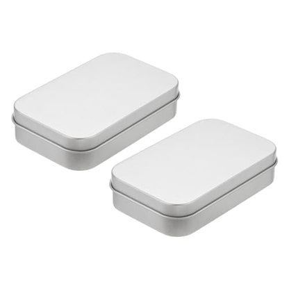 Metal Tin Box Containers, 2Pcs 3.7x2.4x0.9 Inch Silver Rectangular Metal Hinged Tin Box Mini Portable Storage Container Kit with Lid for Home Storage