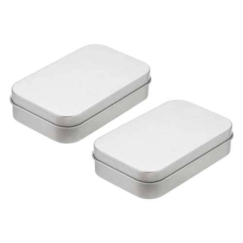 Metal Tin Box Containers, 2Pcs 3.7x2.4x0.9 Inch Silver Rectangular Metal Hinged Tin Box Mini Portable Storage Container Kit with Lid for Home Storage