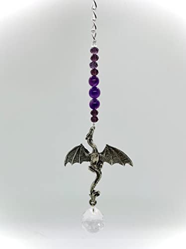Dragon Suncatcher for Car Rear View Mirror - Amethyst Crystal Prism Hanging Ornament - Handmade Feng Shui Rainbow Maker Car Charm Decoration