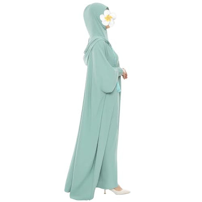 khalat Muslim Prayer Dress Abaya Solid One-Piece Hoodie Abaya Dress for Women Long Maxi Dress Islamic Dubai Jilbab - color: Light Green