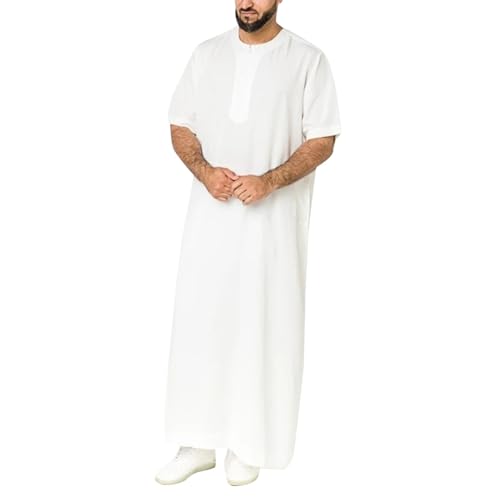 Thobe for Men Round Neck Half Zipper Muslim Kaftan Middle Arab Mens Caftans Casual Short Sleeve Long Gown Dress - color: White, size: Medium