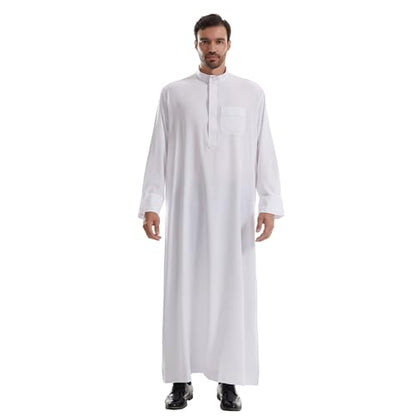 IWEMEK Muslim Thobe for Men Kaftan Thobe with Pockets Middle East Saudi Arabic Robe Ramadan Caftan Dubai Islamic Abaya Dress - color: White, size: Small