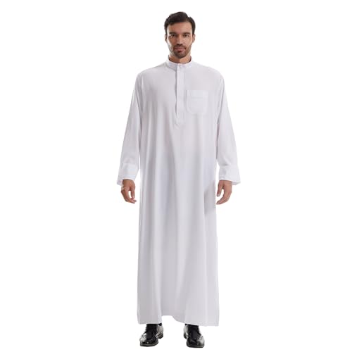 IWEMEK Muslim Thobe for Men Kaftan Thobe with Pockets Middle East Saudi Arabic Robe Ramadan Caftan Dubai Islamic Abaya Dress - color: White, size: Medium