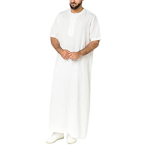 Men's Short Sleeve Robe Muslim Prayer Dress Kaftan Gown Thobe Long Shirt Middle East Islamic Clothing (Color : White, Size : Small) - color: White, size: Small