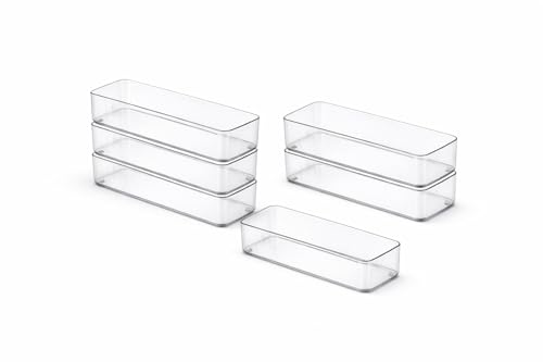 primebox Plastic Clear Acrylic Drawer Organizers. Bathroom, Kitchen, Bedroom, Utensils, Office Organizer Bins, Storage Trays. Heavy Duty, Stackable. 9" x 2" x 2" Set of 6 - size: 9" x 2" x 2"
