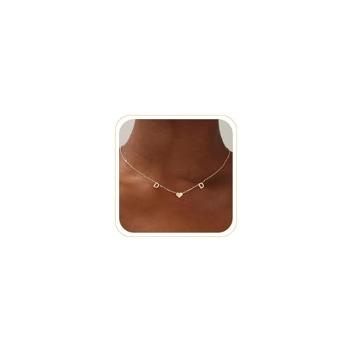 Gold Heart Initial Necklaces for Women 14K Gold Plated Dainty Heart A-Z Letter Pendant Necklace Cute Personalized Initial Letter Name Necklace Gold Jewelry Birthday Gifts for Women - color: D+D