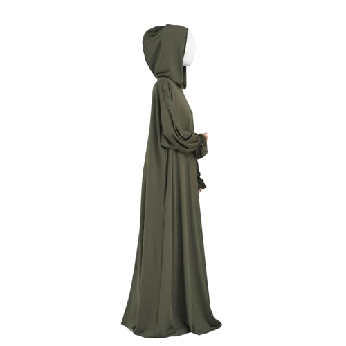Muslim Hoodie Abaya Islamic Prayer Jilbab Maxi Robe with Inner Cap | Two-layer Cap, Prayer Abaya, Large Style - color: Army Green