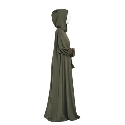 Muslim Hoodie Abaya Islamic Prayer Jilbab Maxi Robe with Inner Cap | Two-layer Cap, Prayer Abaya, Large Style - color: Army Green