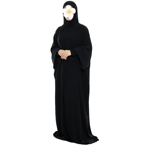 khalat Muslim Prayer Dress Abaya Solid One-Piece Hoodie Abaya Dress for Women Long Maxi Dress Islamic Dubai Jilbab - color: Black
