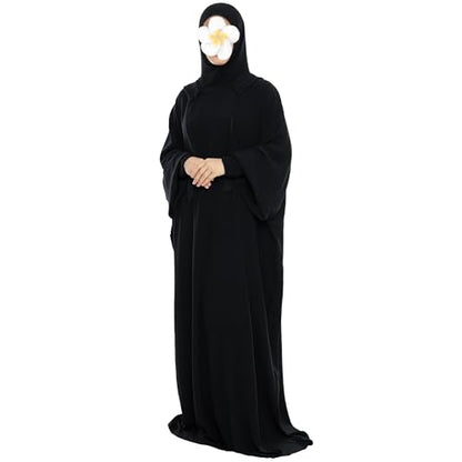 khalat Muslim Prayer Dress Abaya Solid One-Piece Hoodie Abaya Dress for Women Long Maxi Dress Islamic Dubai Jilbab - color: Black