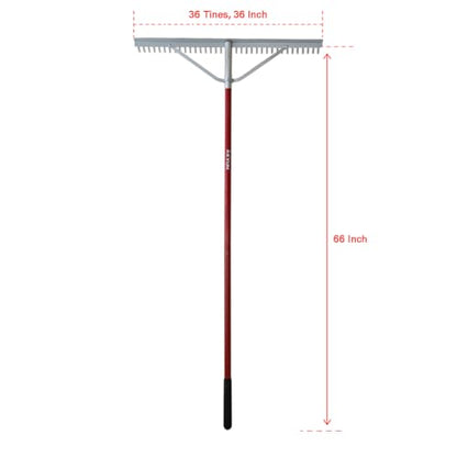 KYLIN 36 Inch / 36 Tines Aluminum Landscape Rake with 66 Inch Extra-Long Handle, Versatile Rake for Lawn Care,Loosening Soil, Weeding, Leveling Gravel, Beach Sand - Lighweight & Rust Proof
