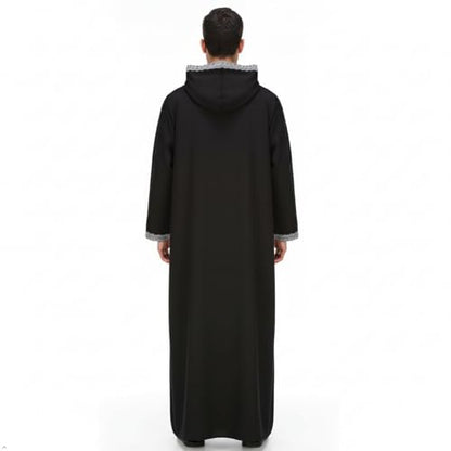 Men's Hooded Thobe - Traditional Embroidered Muslim Islamic Kaftan, Half-Zip Middle Eastern Arabic Robe - color: Black, size: Small