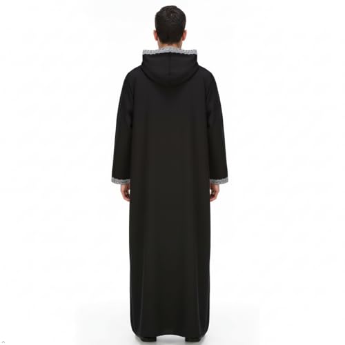 Men's Hooded Thobe - Traditional Embroidered Muslim Islamic Kaftan, Half-Zip Middle Eastern Arabic Robe - color: Black, size: Large