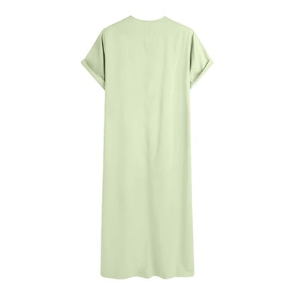 Muslim Thobe for Men Islamic Robe Kaftan Long Sleeve Jubba Arabic Gown Cotton Linen Loose Fit Ramadan A20 - color: Green, size: Large