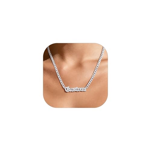 Custom4U Personalized Cuban Link Chain for Women, Silver/Black/Gold Plated Stainless Steel Cuban Chain Men Names Necklace, Customized Gift for Her(with Gift Box) - color: B-01-Silver, size: 18 Inches