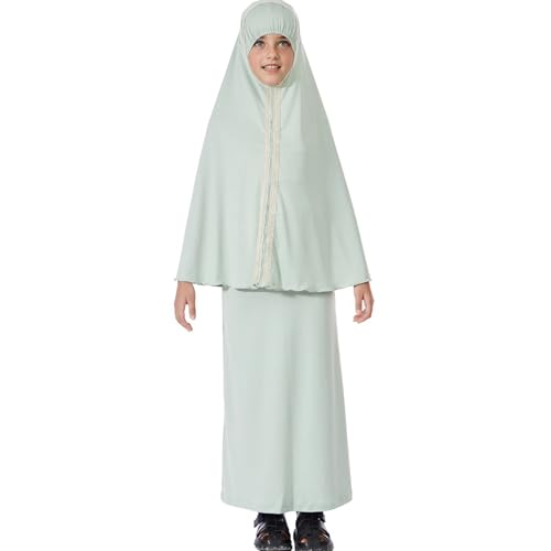 Lenmipot Kids Jilbab 2pcs Abaya Girls Muslim Prayer Dress Kids Eid Full Cover Abaya Dress Set Islamic Prayer Jilbab for Girl - color: Mint Greena, size: 7-8 Years