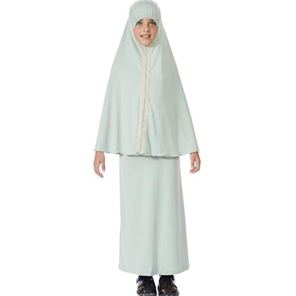 Lenmipot Kids Jilbab 2pcs Abaya Girls Muslim Prayer Dress Kids Eid Full Cover Abaya Dress Set Islamic Prayer Jilbab for Girl - color: Mint Greena, size: 6-7 Years