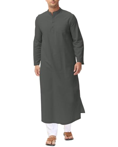 LVCBL Kaftan for Men Long Sleeve Caftan Thobe Side Split Muslim Robe Button Down Long Gown Tunic Shirts - color: Dark Gray, size: Large