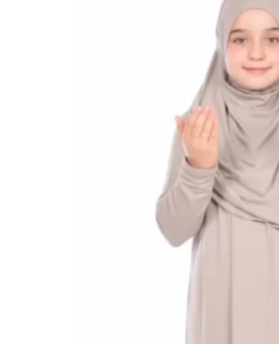 Prien Kids Prayer Dress Muslim Clothes for Girls Long Sleeve Abaya with Hijab Two Piece Maxi Islamic Set Scarf Kaftan Jilbab - color: Ecru