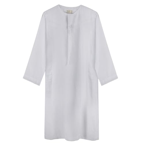 ITODA Embroidered Muslim Arabic Thobe Long Sleeve Kaftan Islamic Ramadan Prayer Robe - color: White-2
