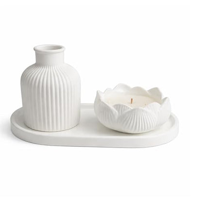 Minimalist Home Decor Set with Dried Flowers – Handmade Tray, Vase and Candle Holder – Modern Neutral Decorative Accent for Living Room, Bedroom or Bathroom