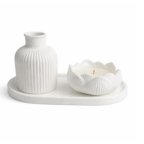 Minimalist Home Decor Set with Dried Flowers – Handmade Tray, Vase and Candle Holder – Modern Neutral Decorative Accent for Living Room, Bedroom or Bathroom