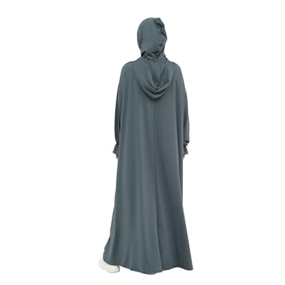 Muslim Hoodie Abaya Islamic Prayer Jilbab Maxi Robe with Inner Cap | Two-layer Cap, Prayer Abaya, Large Style - color: Dark Grey