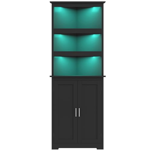 Corner Cabinet, Tall Corner Hutch with 5 Shelves & 2 Doors, Bathroom Cabinet with Adjustable Shelf, for Living Room, Kitchen, Bathroom, Black - color: Black+open Shelf