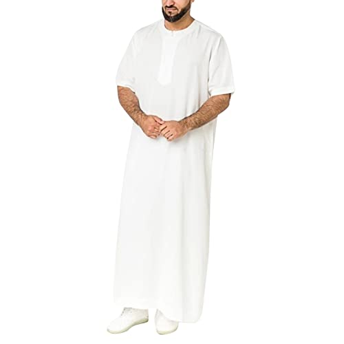 Muslim Thobe for Men Islamic Robe Kaftan Long Sleeve Jubba Arabic Gown Cotton Linen Loose Fit Ramadan A20 - color: White, size: Medium