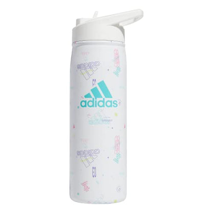 adidas Stainless Steel Metal Water Bottle 20 oz (600 mL) Straw Lid - color: Icon Brand Love White/White/Flash Aqua Blue