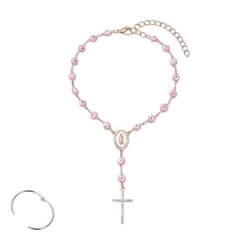 Car Rosary for Rearview Mirror, Evil Eye Pendant Car Interior Rear View Mirror Charm Auto Decors, Cross Personalized Hanging Accessories for Women Men (Pink) - size: Pink-A
