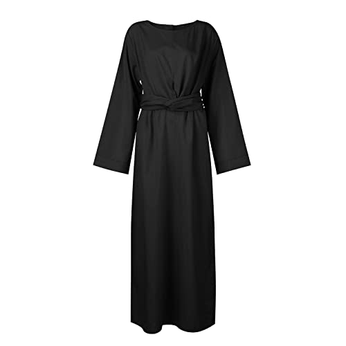 SGASY Womens Muslim Long Dress One Piece Long Sleeve Abayas Islamic Prayer Robes Summer Casual Loose Fit Kaftan with Pockets - color: 12-black, size: Small