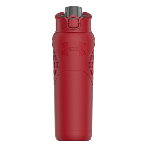 Under Armour 24Oz Stainless Steel Water Bottle, Insulated, Carabiner Easy Carry Hook, Leak Proof, Kids & Adults, All Sports, Gym - color: Solid Red