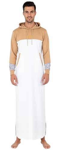 Men’s Hooded Thobe – Urban Long Sleeve Islamic Robe - White & Beige Kaftan for Eid, Prayer, Ramadan & Casual Outfits - size: Large