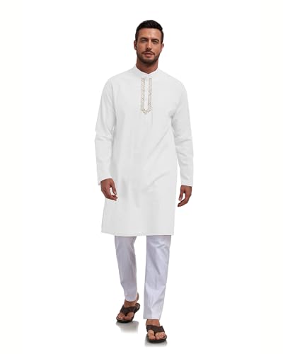 Jacansi Men's Robe Kaftan Button Down Kurta Thobe, White, XL
