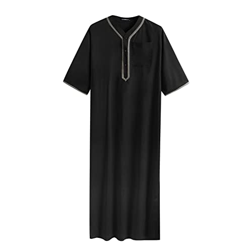 Thobe for Men Muslim Islamic Robe Kaftan Long Sleeve Jubba Arabic Dress Big and Tall Loose Fit Casual Gown A6 - color: Black, size: 5X-Large
