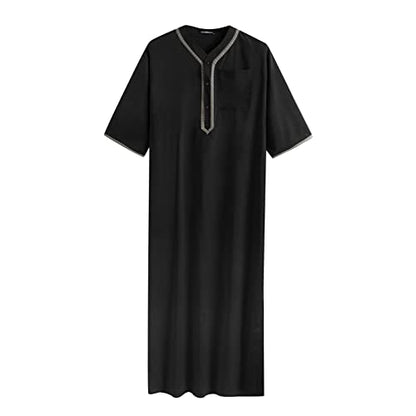 Thobe for Men Muslim Islamic Robe Kaftan Long Sleeve Jubba Arabic Dress Big and Tall Loose Fit Casual Gown A6 - color: Black, size: 5X-Large