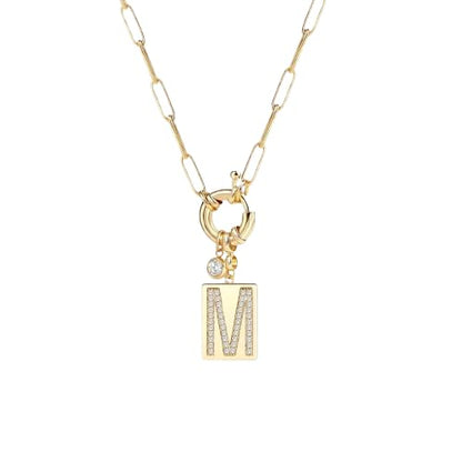 Mint & Lily Gold Initial Necklace for Women – 18K Gold Plated 24” Paperclip Chain with Sparkling Letter Pendant - style: M
