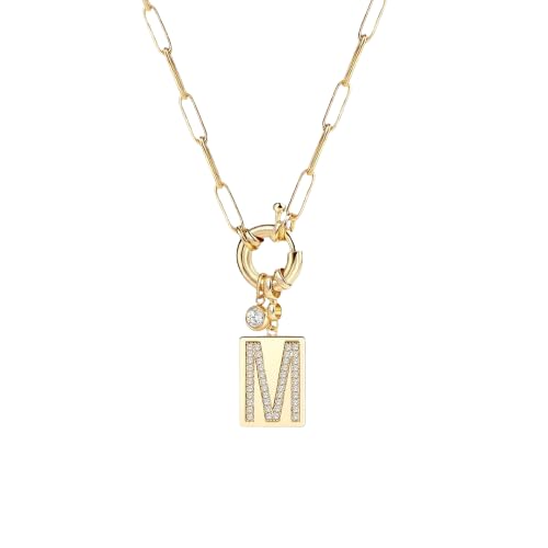 Mint & Lily Gold Initial Necklace for Women – 18K Gold Plated 24” Paperclip Chain with Sparkling Letter Pendant - style: M