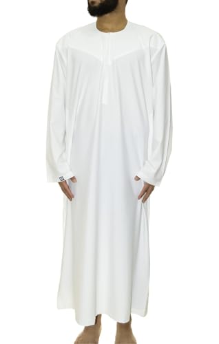 Emirati Thobes Collection Men Dress Caftan Handmade with Embroidery Tread Long Sleeve with Two Pockets - color: White, size: Small