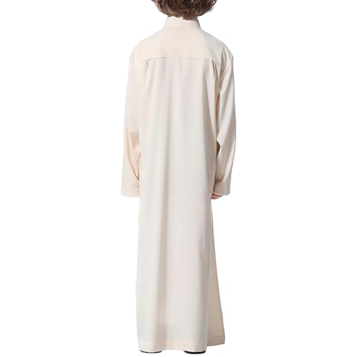 Arabic Thobe Muslim Thobe Long Sleeve Kaftan Crew Robe National Costume Teenage Boys Long Sleeve Embroidered Robe - color: Beige, size: 4-5T