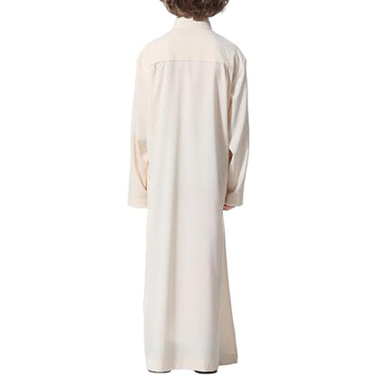 Arabic Thobe Muslim Thobe Long Sleeve Kaftan Crew Robe National Costume Teenage Boys Long Sleeve Embroidered Robe - color: Beige, size: 11-12 Years