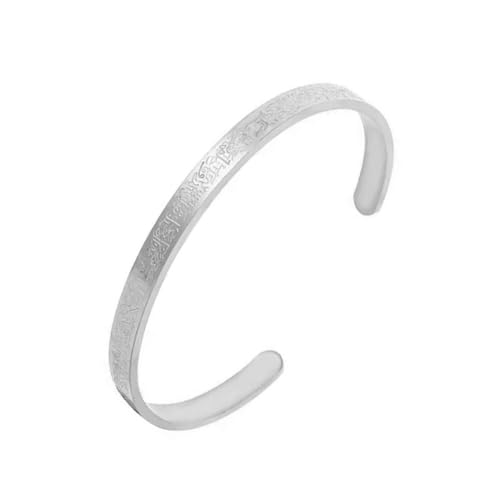 Ayatul Kursi Cuff for Women Men, Stainless Steel Muslim Quran Allah Gold Bangles Arabic Calligraphy Bracelet Islam Eid Islamic Jewelry Gifts - color: Silver