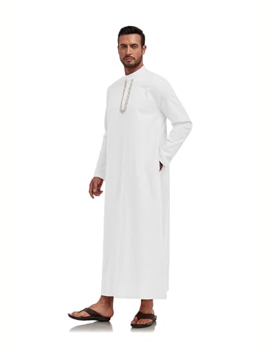 Jacansi Men's 65% Cotton 35% Linen Kaftan Robe, Henley Button Down Thobe, Long Sleeve Casual Gown with Pockets - color: White, size: Medium