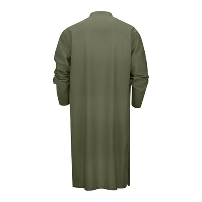 Linen Muslim Gown Shirt for Mens Loose Long Sleeve Casual Henley Shirts Kaftan Thobe Button Down Long Robes - color: Army Green, size: 3X-Large