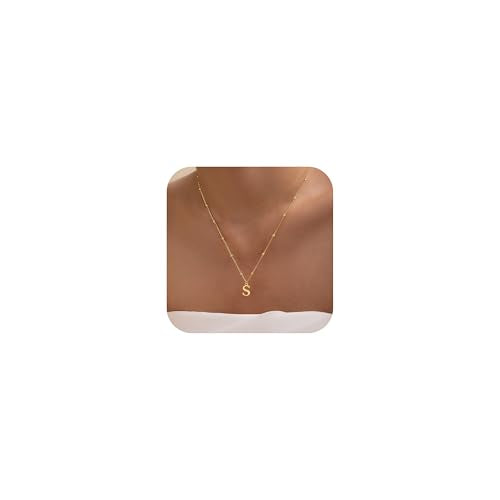 Initial Necklaces for Women Dainty 14k Gold Plated A-Z Letter Pendant Name Necklaces Cute Charm Choker Fashion Accessories Non Tarnish Trendy Jewelry Gift - color: Gold, style: S